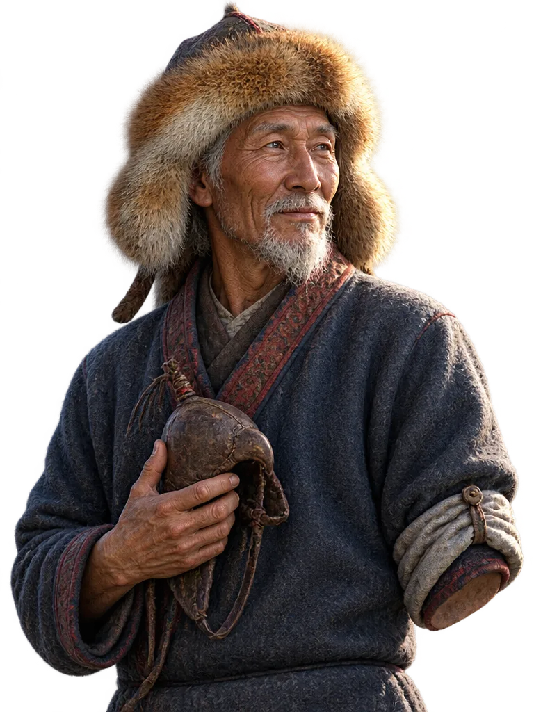 Grandpa Baatar memegang tudung elang kulit di dada, lengan kirinya terlipat